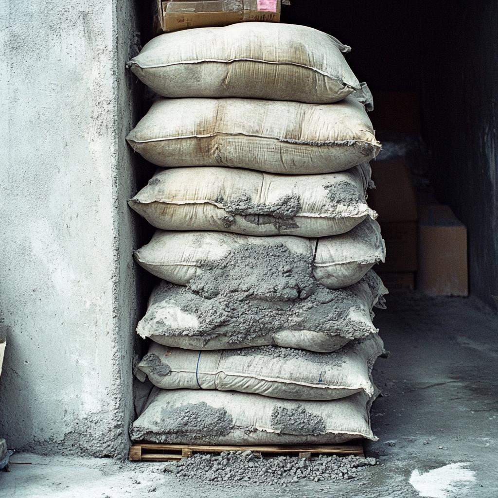 A stack of burlap sacks filled with a gray powder, possibly cement, resting on a wooden pallet. Dust is scattered on the ground, in a narrow concrete corridor.