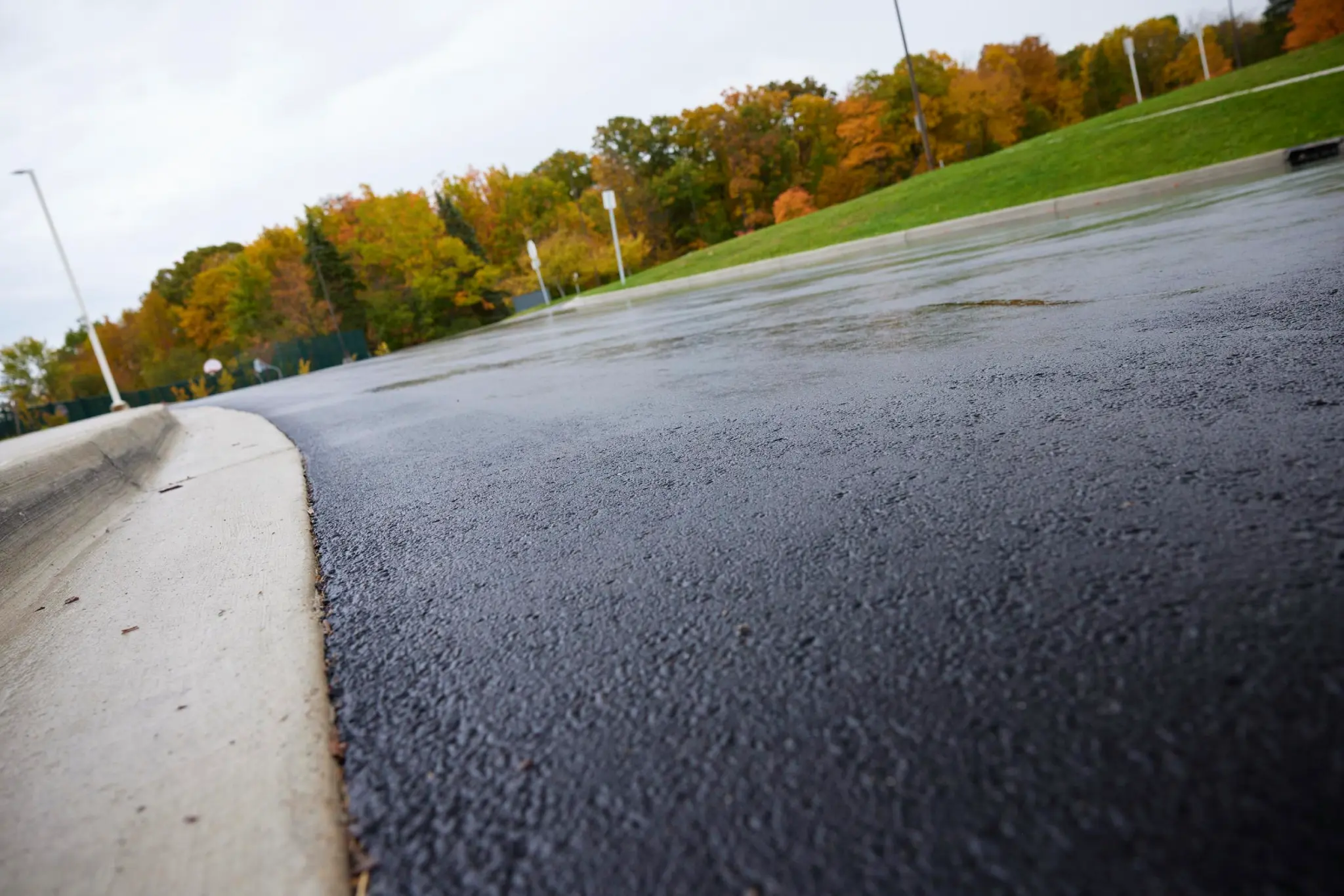 A freshly paved black asphalt road in Dexter, MI, lined with trees and open parkland.