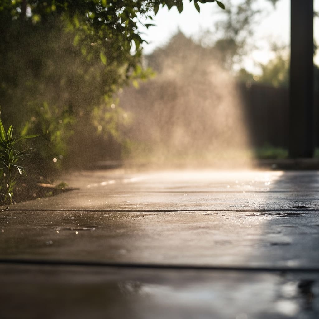 Water mist gently sprays over a sunlit, wet concrete path, surrounded by lush greenery, creating a serene garden setting.