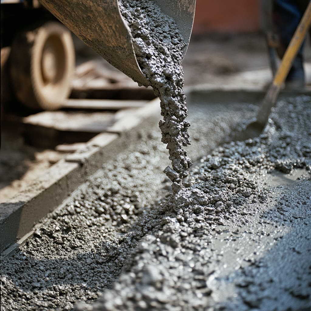Concrete is pouring from a chute into a wooden frame, with a construction worker smoothing the surface in an outdoor construction area.