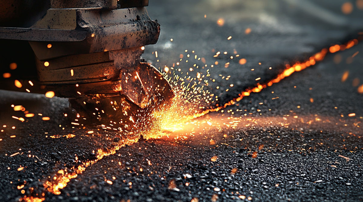 Asphalt being cut into