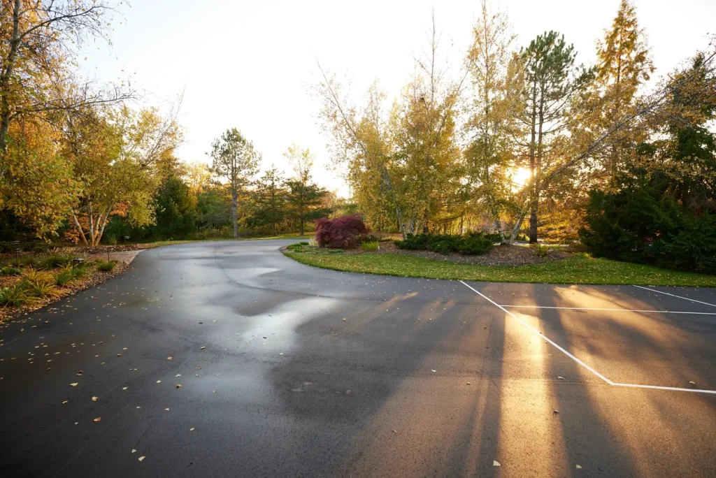 Road curves gently in a park-like setting, bordered by autumn trees and colorful shrubs under a bright sky. Long shadows stretch across the pavement, enhancing the tranquil atmosphere.