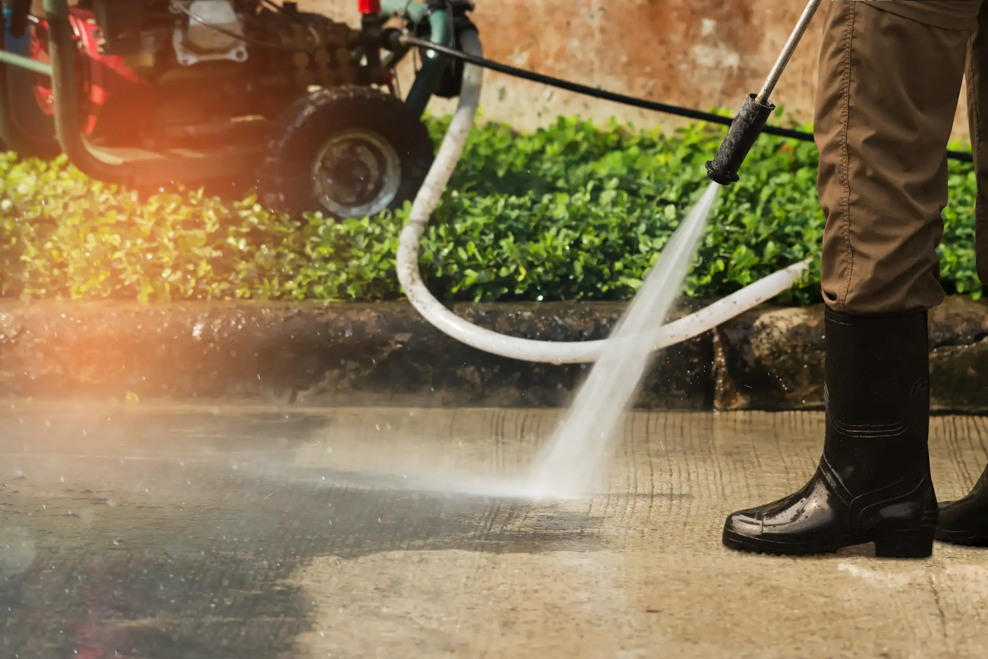 Person cleaning a driveway with a power washer